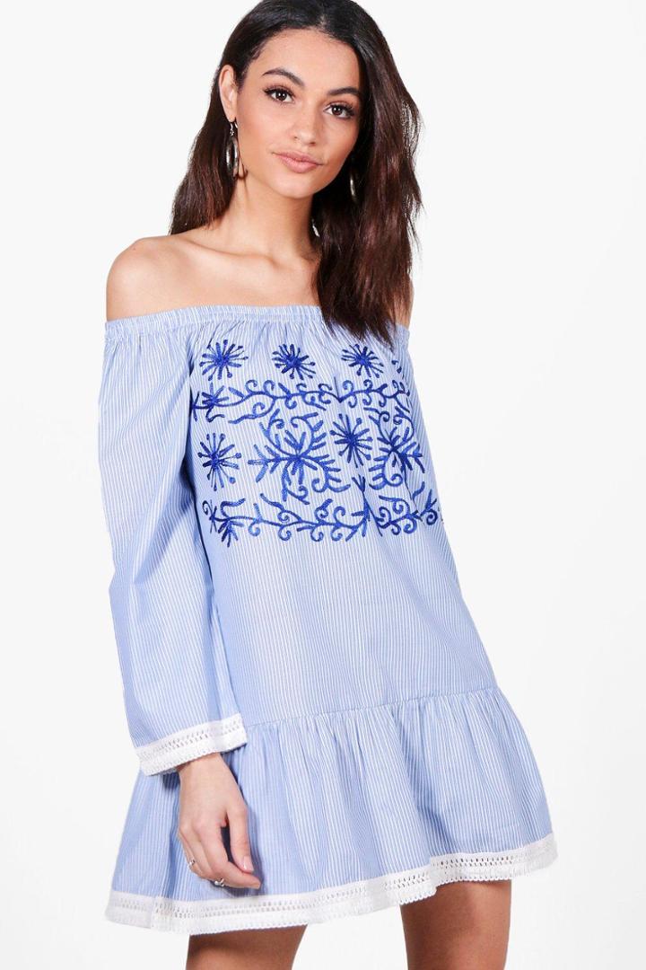 Boohoo Lea Off Shoulder Stripe Embroidered Shift Dress Blue