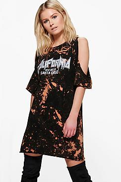 Boohoo Sarah Bleached Cold Shoulder T-shirt Dress