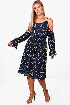 Boohoo Plus Emma Floral Open Shoulder Midi Dress