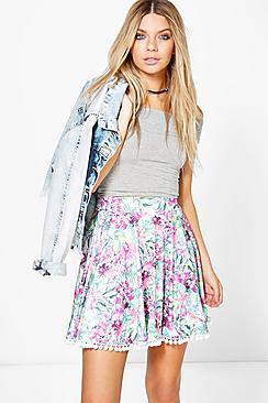 Boohoo Iaera Bright Palm Pom Pom Trim Skater Skirt