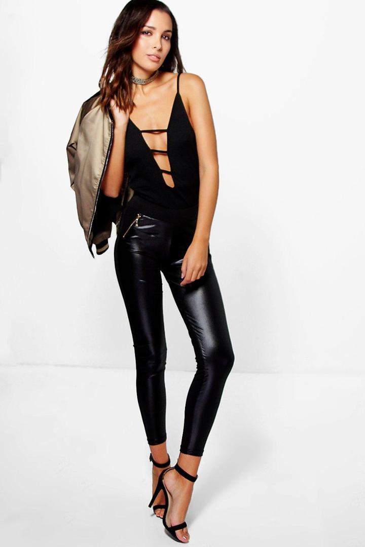 Boohoo Valentina Leather Look Zip Detail Leggings Black