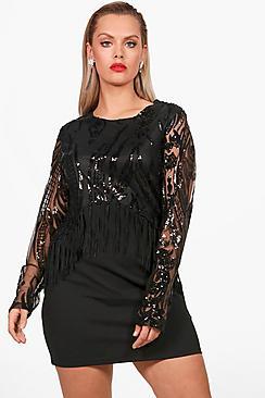 Boohoo Plus Lindsey L/s Sequin Tassel Trim Bodycon Dress