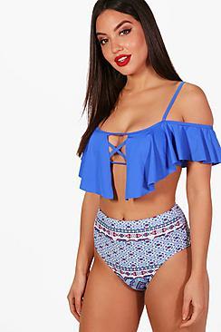 Boohoo Menorca Frill Front Contrast High Waisted Bikini