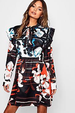 Boohoo Mix Print Tie Neck Satin Skater Dress