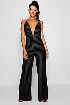 Boohoo Glitter Stripe Plunge Jumpsuit