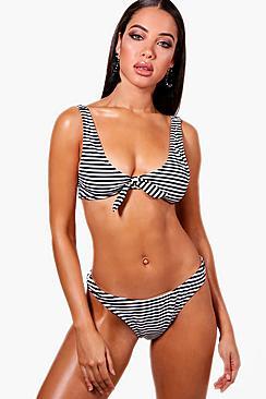 Boohoo Malta Knotted Stripe High Leg Bikini