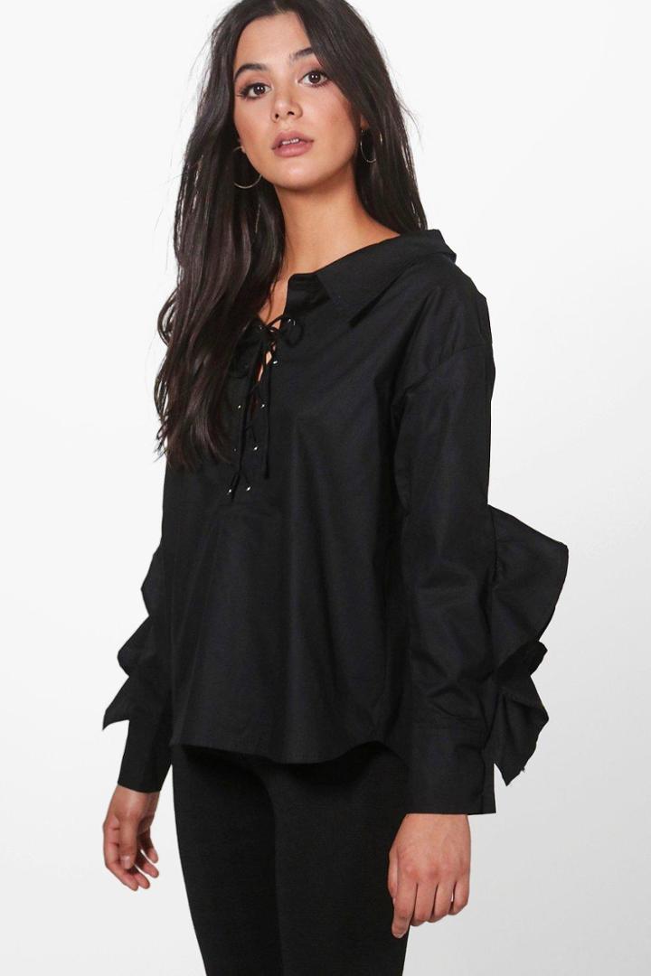 Boohoo Poppy Lace Up Ruffle Sleeve Shirt Black