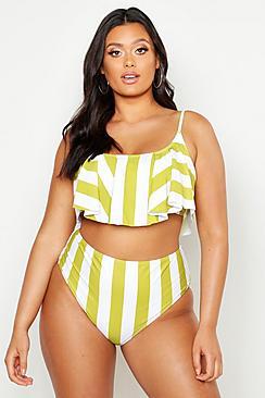 Boohoo Plus Stripe Frill High Waist Bikini