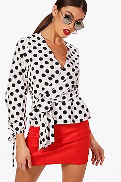 Boohoo Emily Spot Print Tie Sleeve Wrap Top