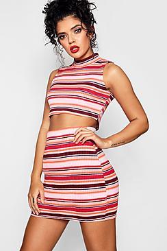 Boohoo Megan Multi Stripe Rib Knitted Skirt And Top Set