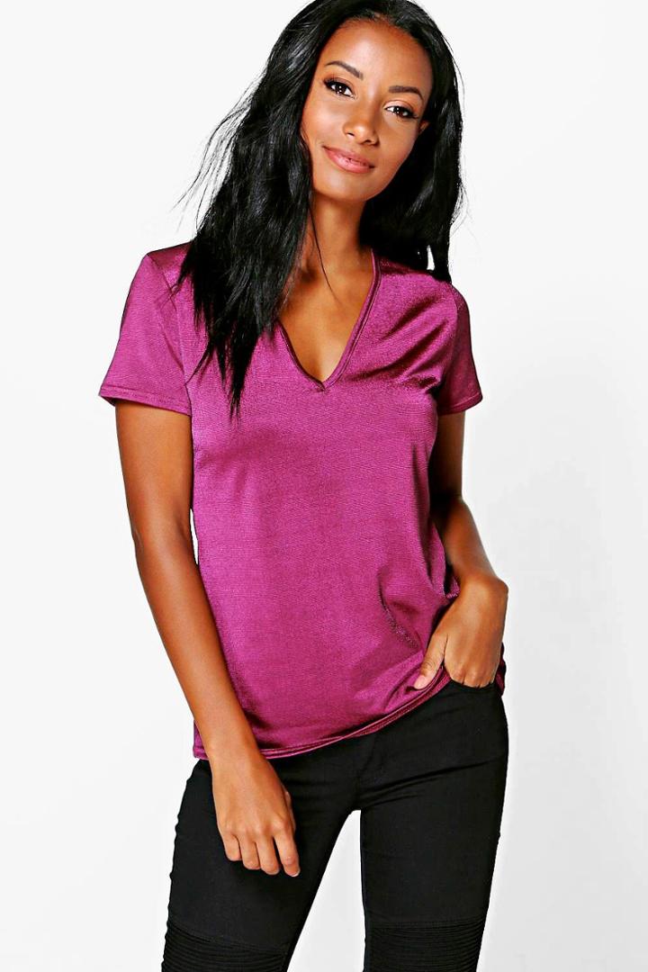 Boohoo Ella Premium Slinky V Front T-shirt Purple
