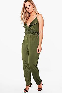 Boohoo Plus Sara Ruffle Front Slinky Jumpsuit