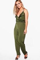 Boohoo Plus Sara Ruffle Front Slinky Jumpsuit