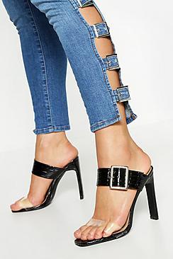 Boohoo Croc Patent Buckle Flat Heel Mules
