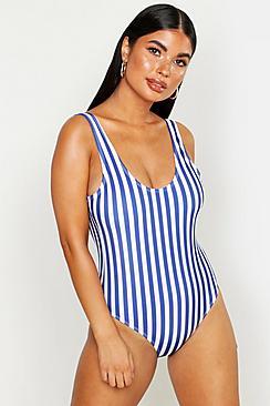 Boohoo Petite Nautical Stripe Scoop Back Swimsuit