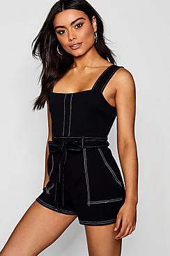 Boohoo Top Stitch Square Neck Pocket Playsuit
