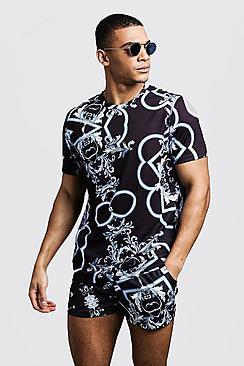 Boohoo Blue Baroque Print T-shirt & Swim Short Set