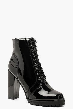 Boohoo Patent Lace Up Block Heel Hiker Boots