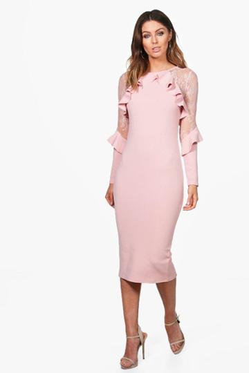 Boohoo Penelope Lace Detail Frill Midi Dress Blush