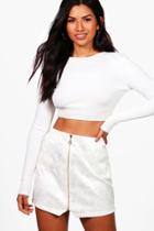 Boohoo Belle Zip Front Woven Jacquard Skirt Cream