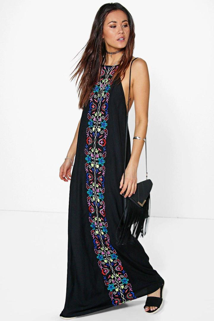 Boohoo Boutique Amy Multi Embroidered Maxi Dress Black