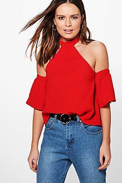 Boohoo Nicola High Neck Cold Shoulder Top