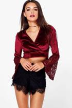 Boohoo Lauren Velvet Wrap Lace Flare Sleeve Crop Wine
