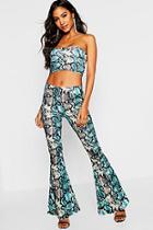 Boohoo Blue Snake Print Bandeau + Flare Co-ord