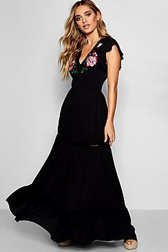 Boohoo Averi Embroidered Ruffle Hem Maxi Dress