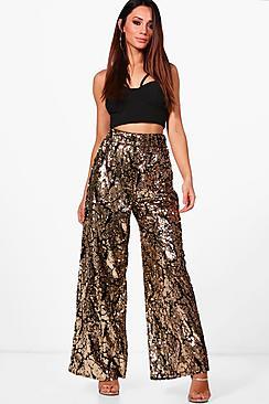 Boohoo Petite Vicky Premium Sequin Wide Leg Trouser