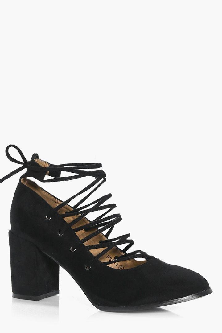 Boohoo Laila Ghillie Tie Block Heel Court Black