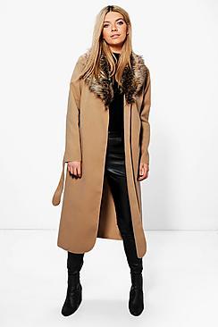 Boohoo Paige Faux Fur Collar Wrap Coat