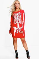 Boohoo Plus Louise Skeleton Print Halloween Bodycon Dress Red