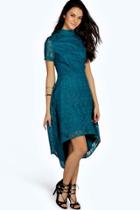 Boohoo Ara Embroided Mesh High Neck Dip Hem Dress Teal