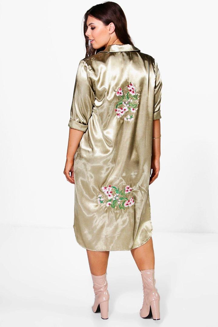 Boohoo Plus Camy Embroidered Satin Longline Shirt Khaki