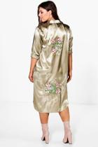 Boohoo Plus Camy Embroidered Satin Longline Shirt Khaki