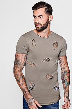 Boohoo Leaf Detail Distressed Curve Hem T-shirt