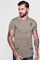 Boohoo Leaf Detail Distressed Curve Hem T-shirt