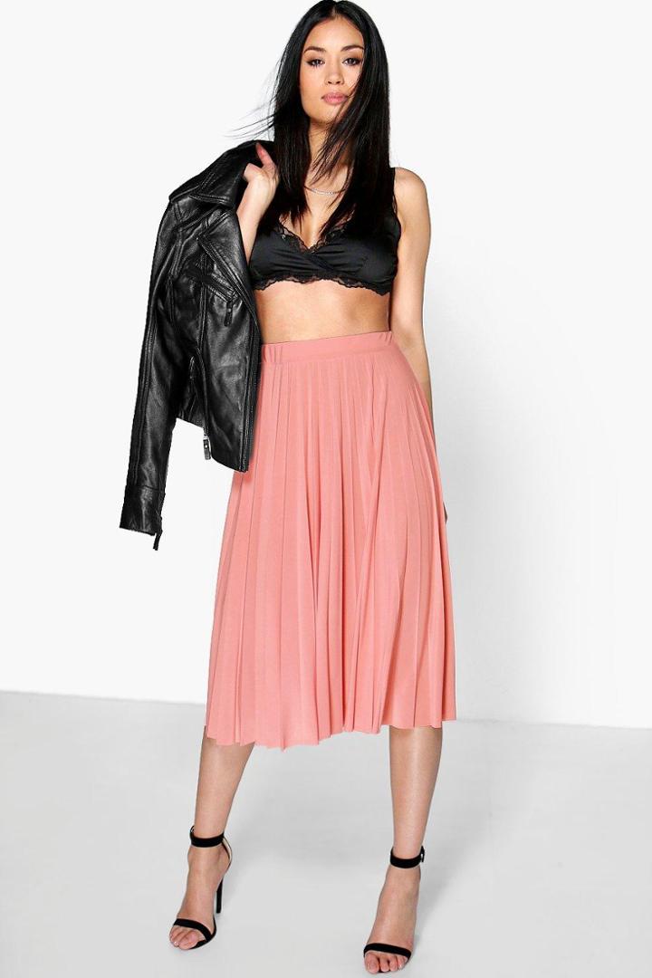Boohoo Geneva Pleated Slinky Midi Skirt Rose