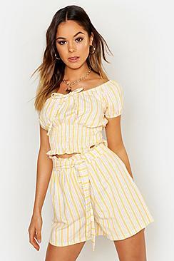 Boohoo Linen Stripe Puff Sleeve Shirred Top