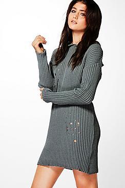 Boohoo Gabriella Distressed Rib Knit Hoody Jumper Dress