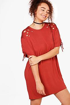 Boohoo Plus Louise Lace Up Shoulder Oversized T-shirt Dress