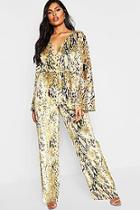 Boohoo Plus Beige Snake Print Velvet Tie Waist Jumpsuit