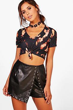 Boohoo Petite Megan Tie Front Printed Crop Top