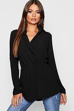 Boohoo Woven Knot Front Collar Longline Blouse