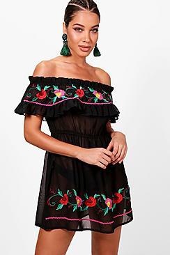 Boohoo Lexi Embroidered Bardot Beach Dress