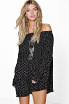 Boohoo Catalina Off The Shoulder Feather Print Dress Black