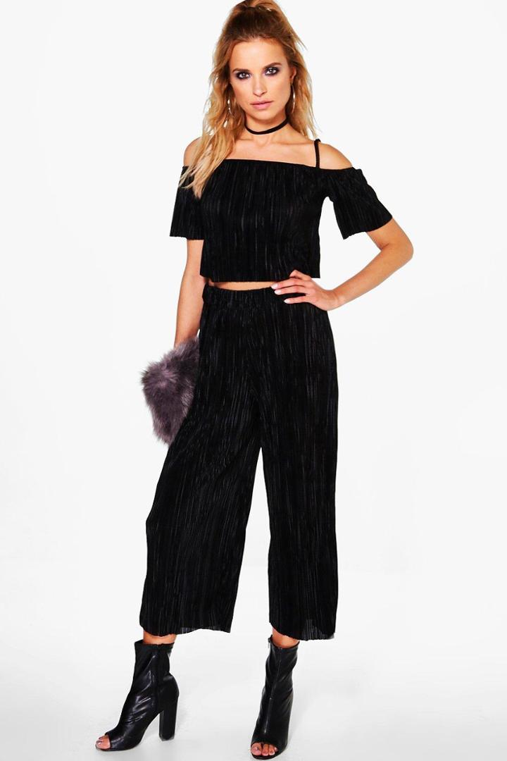 Boohoo Tia Pleated Off The Shoulder Top & Culotte Co-ord Black