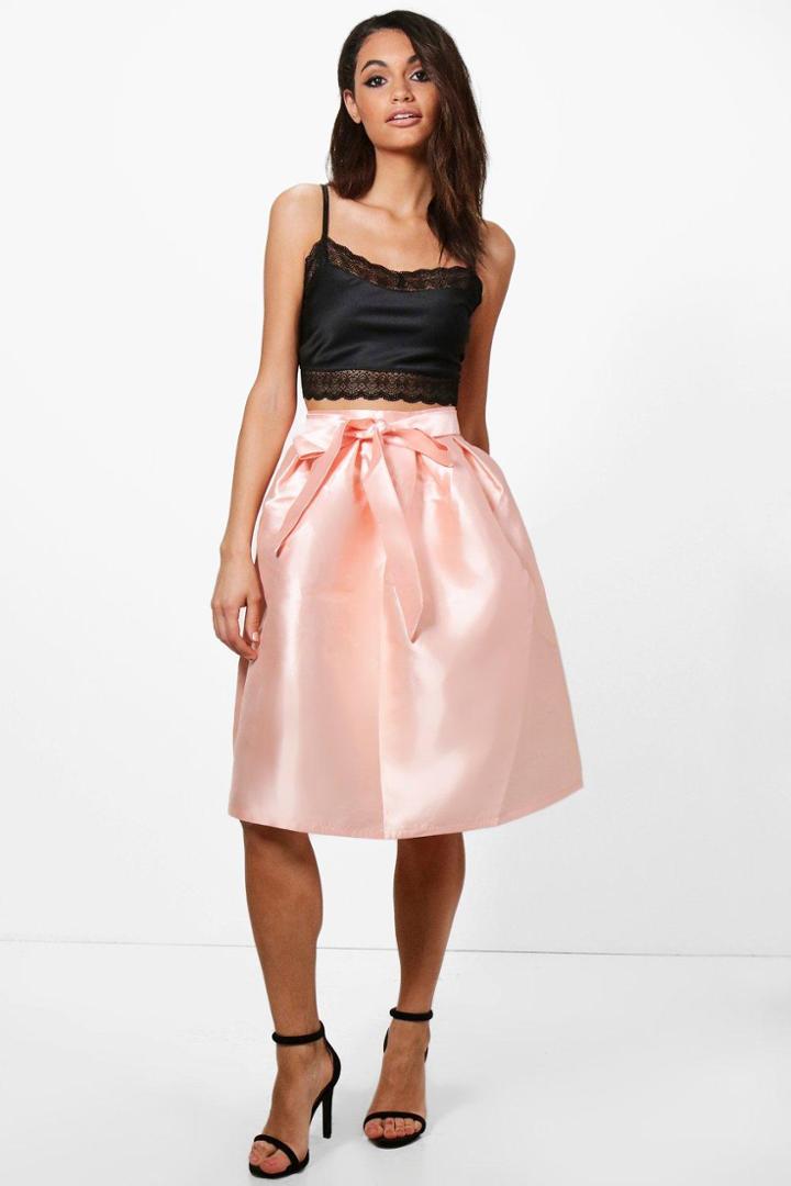 Boohoo Azaria Bow Front Woven Box Pleat Midi Skirt Blush