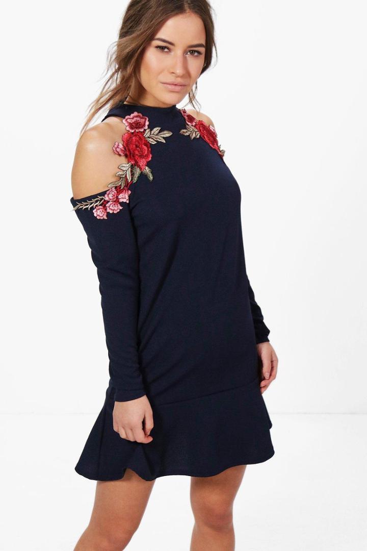 Boohoo Petite Millie Cold Shoulder Embroidered Shift Dress Navy